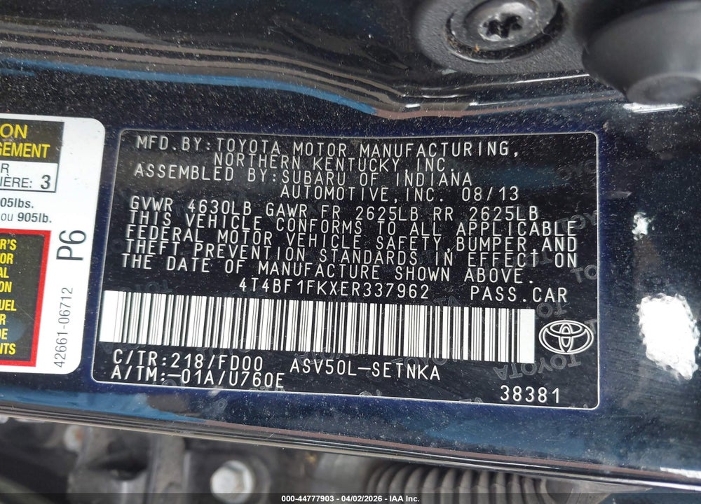 2014 TOYOTA CAMRY LE VIN: 4T4BF1FKXER337962