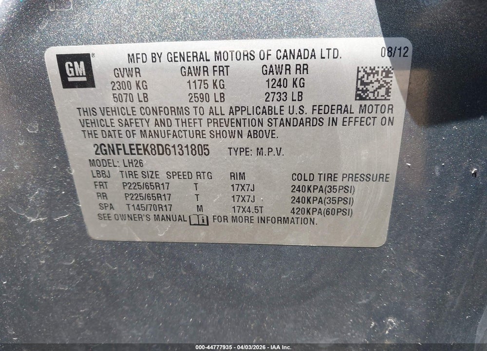 2013 CHEVROLET EQUINOX 1LT VIN: 2GNFLEEK8D6131805