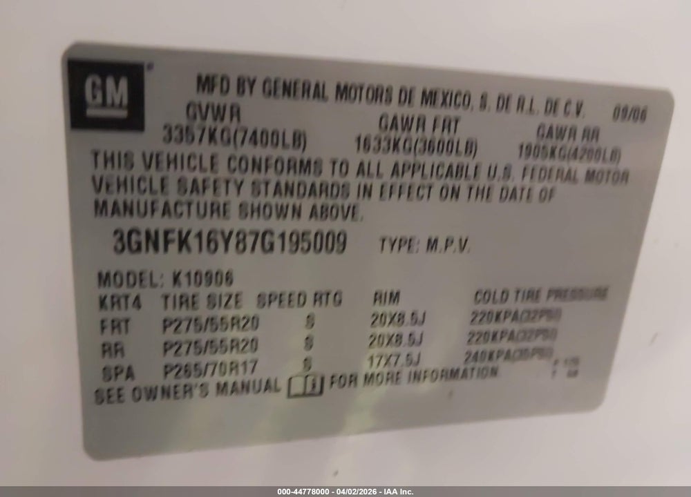 2007 CHEVROLET SUBURBAN 1500 LTZ VIN: 3GNFK16Y87G195009