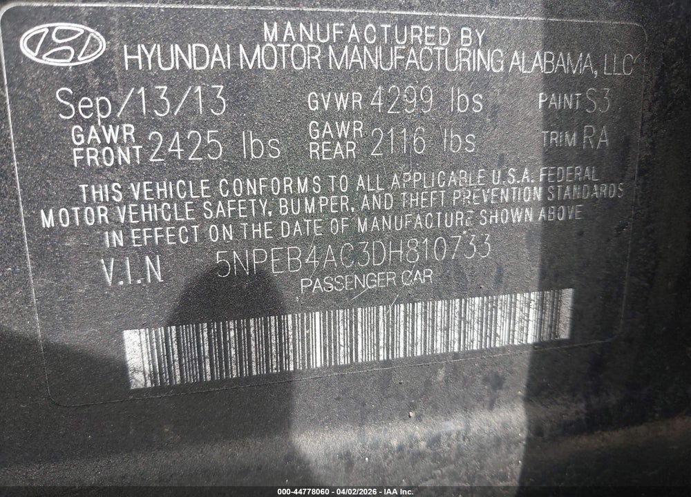 2013 HYUNDAI SONATA GLS VIN: 5NPEB4AC3DH810733