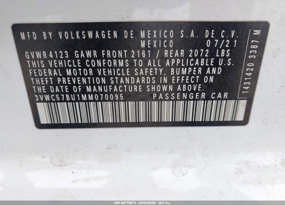 2021 VOLKSWAGEN JETTA 1.4T R-LINE/1.4T S/1.4T SE VIN: 3VWC57BU1MM070095