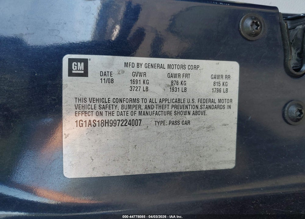 2009 CHEVROLET COBALT LS VIN: 1G1AS18H997224007