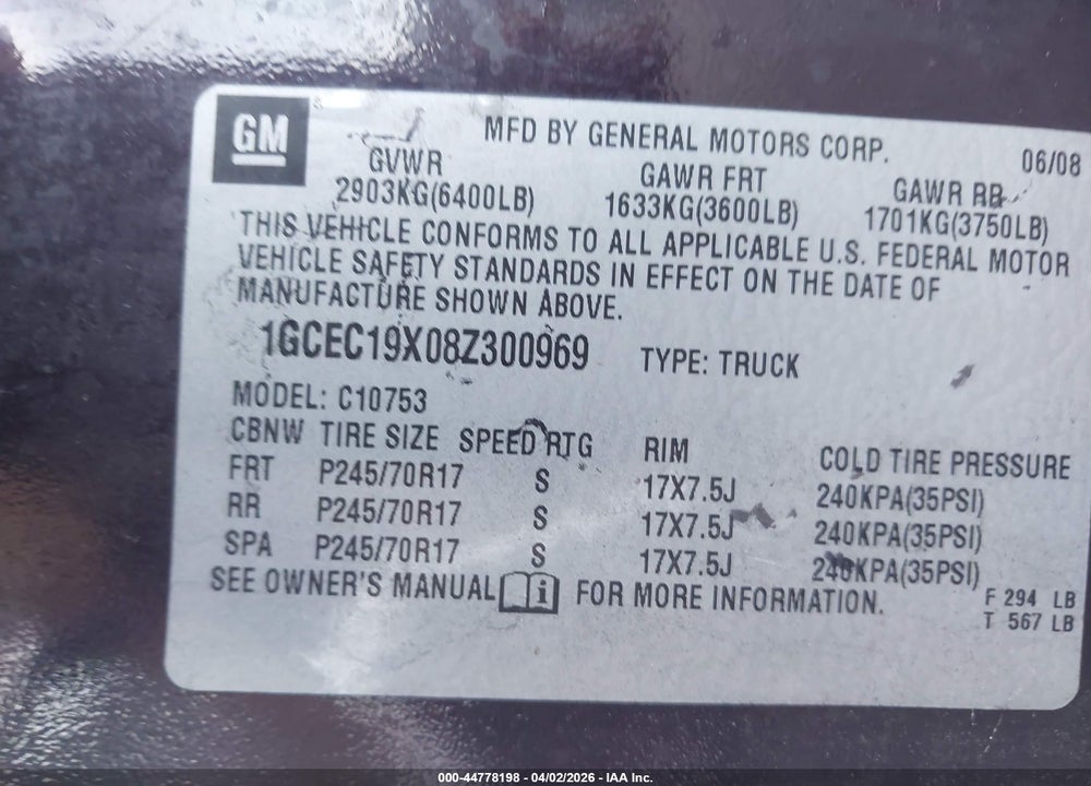 2008 CHEVROLET SILVERADO 1500 WORK TRUCK VIN: 1GCEC19X08Z300969