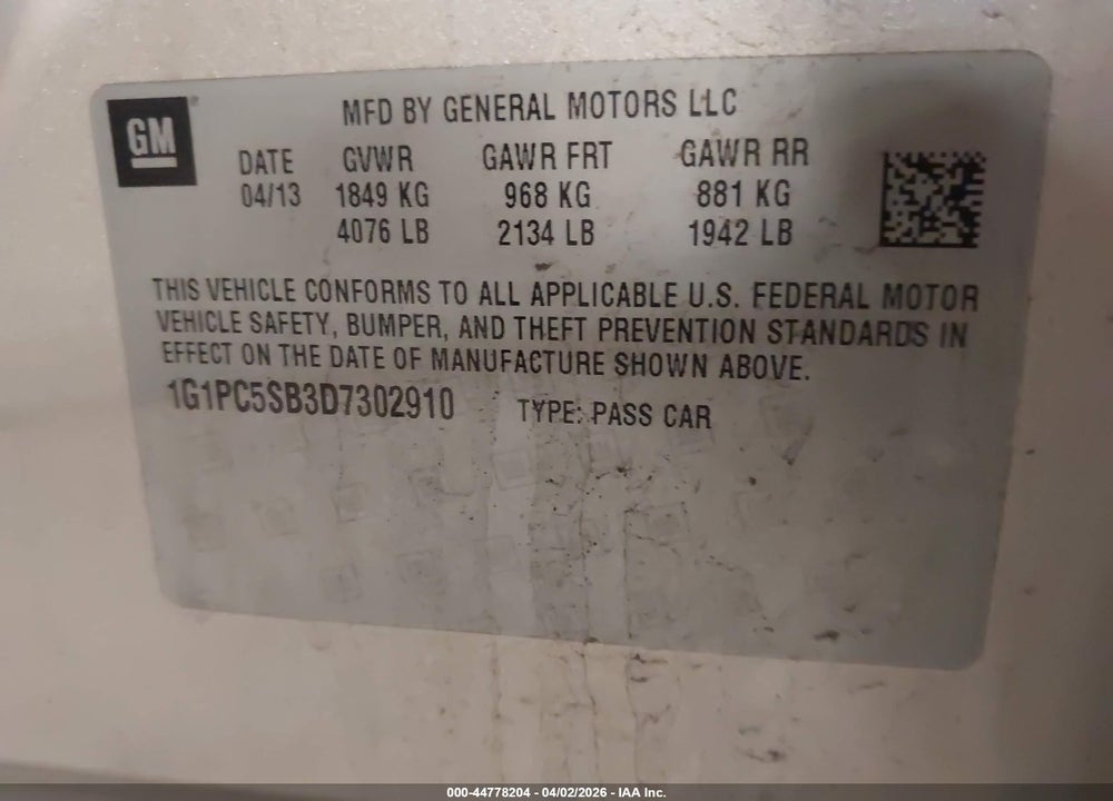 2013 CHEVROLET CRUZE 1LT AUTO VIN: 1G1PC5SB3D7302910