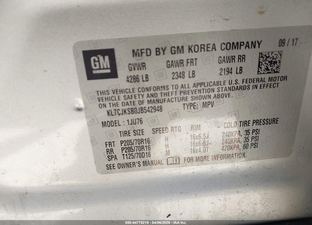 2018 CHEVROLET TRAX LS VIN: KL7CJKSB0JB542948