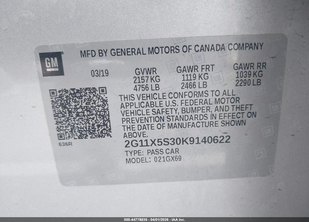 2019 CHEVROLET IMPALA LS VIN: 2G11X5S30K9140622