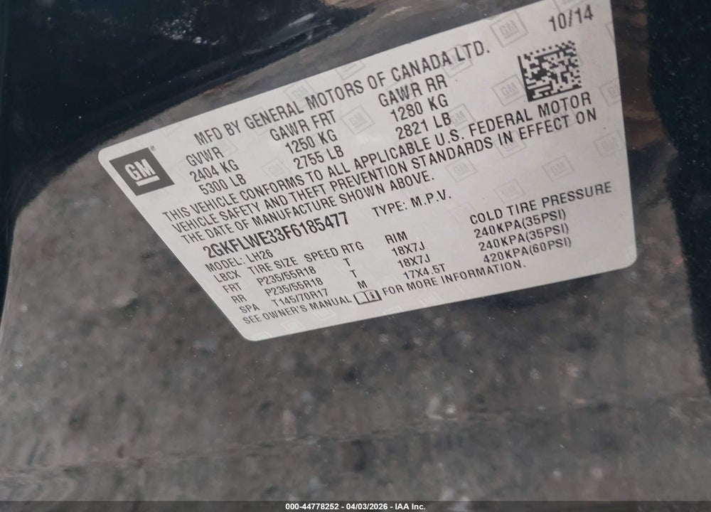 2015 GMC TERRAIN SLE-2 VIN: 2GKFLWE33F6185477