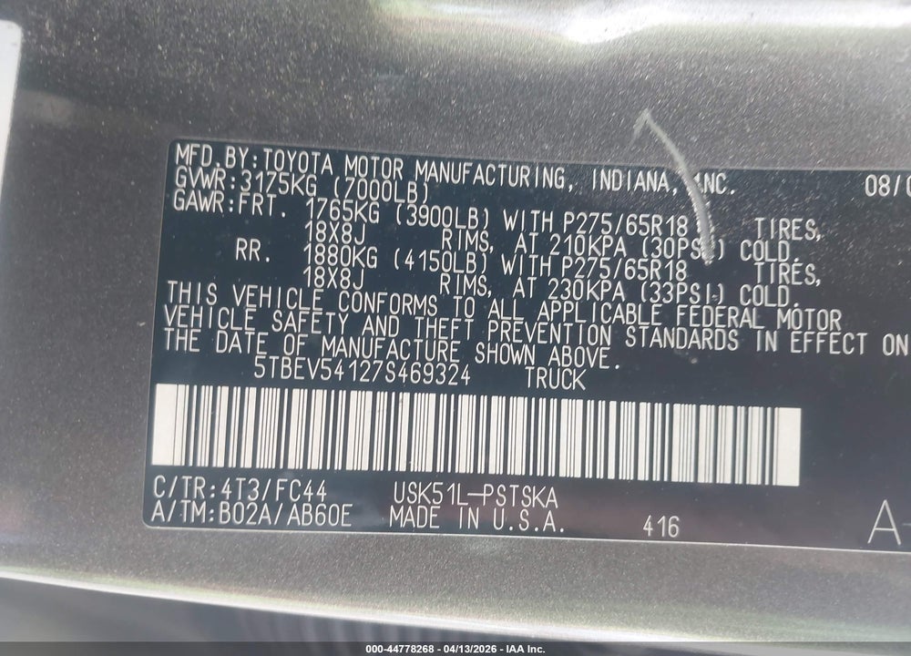 2007 TOYOTA TUNDRA SR5 5.7L V8 VIN: 5TBEV54127S469324