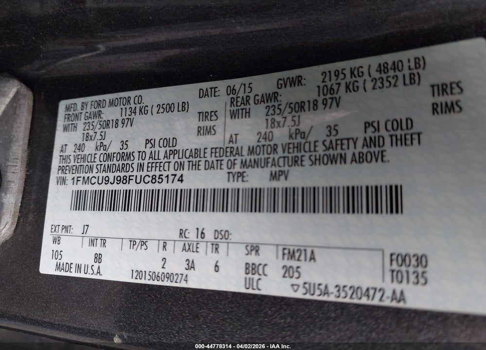2015 FORD ESCAPE TITANIUM VIN: 1FMCU9J98FUC85174