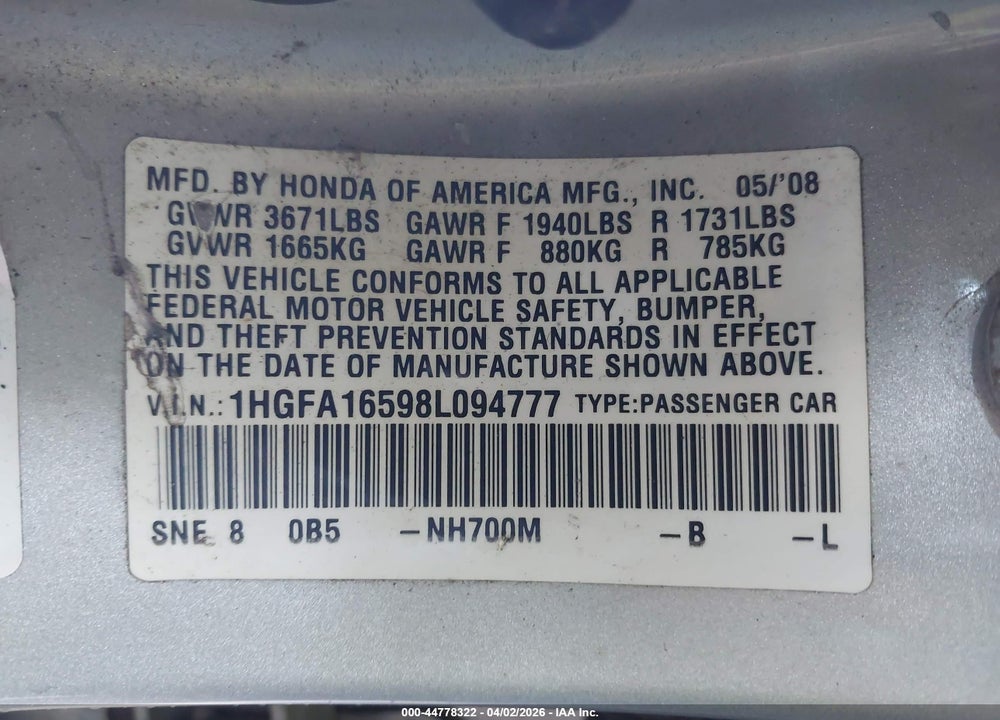 2008 HONDA CIVIC LX VIN: 1HGFA16598L094777