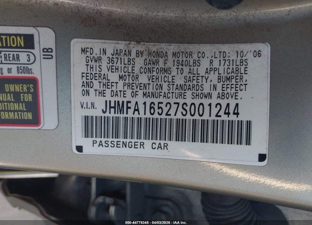 2007 HONDA CIVIC LX VIN: JHMFA16527S001244
