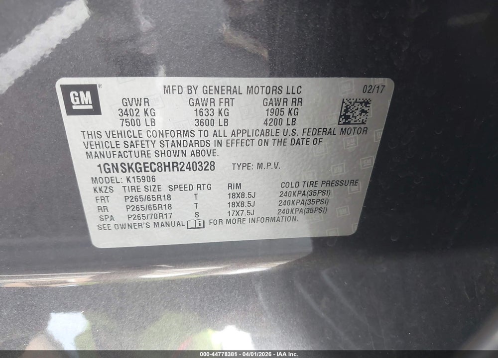2017 CHEVROLET SUBURBAN LS VIN: 1GNSKGEC8HR240328
