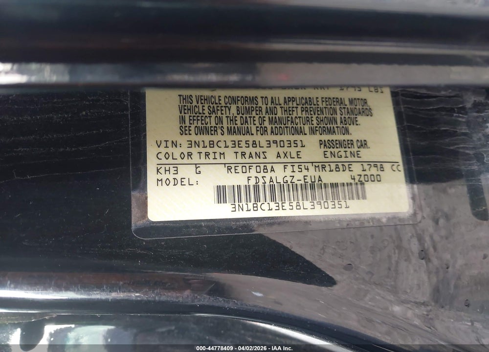2008 NISSAN VERSA 1.8SL VIN: 3N1BC13E58L390351