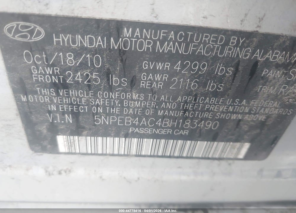 2011 HYUNDAI SONATA GLS VIN: 5NPEB4AC4BH183490