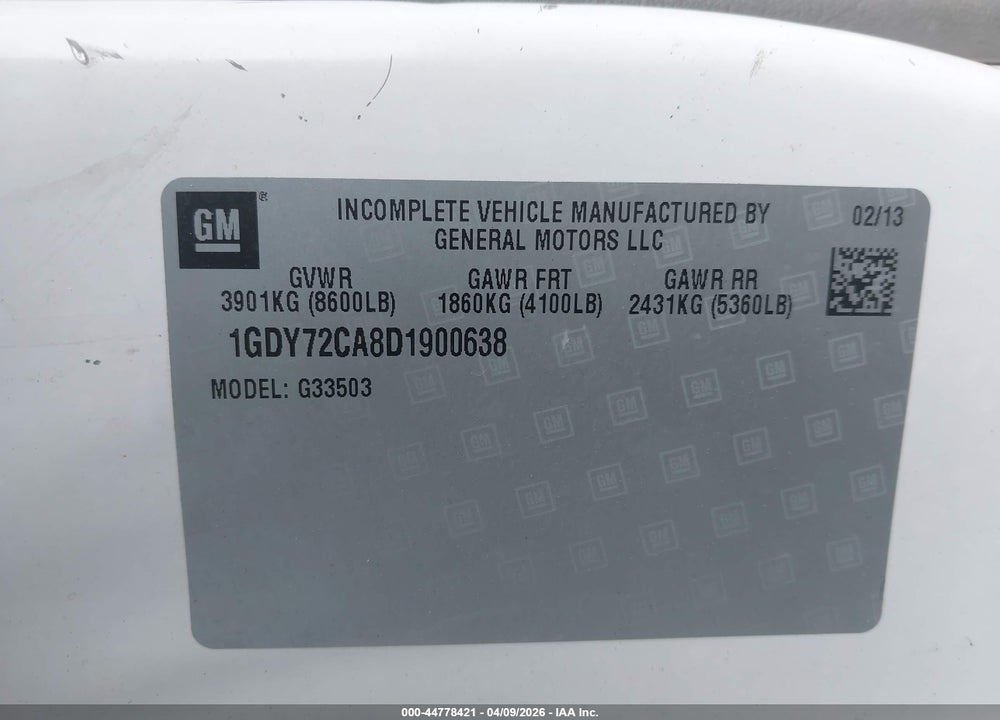 2013 GMC SAVANA CUTAWAY 3500 VIN: 1GDY72CA8D1900638