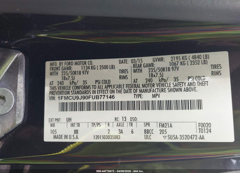 2015 FORD ESCAPE TITANIUM VIN: 1FMCU9J90FUB77146