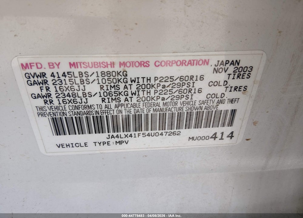 2004 MITSUBISHI OUTLANDER XLS VIN: JA4LX41F54U047262