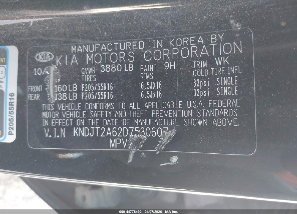 2013 KIA SOUL + VIN: KNDJT2A62D7530607