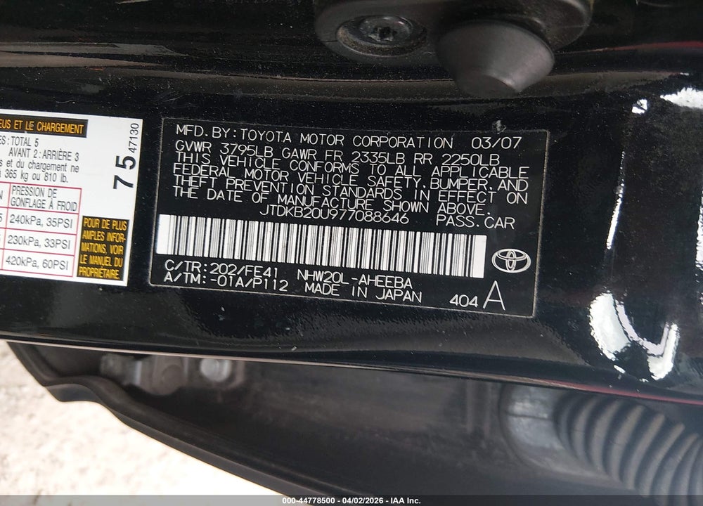 2007 TOYOTA PRIUS VIN: JTDKB20U977088646