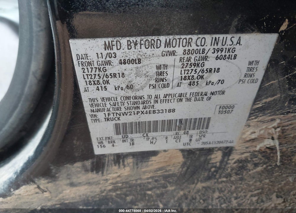 2004 FORD F-250 LARIAT/XL/XLT VIN: 1FTNW21PX4EB33188
