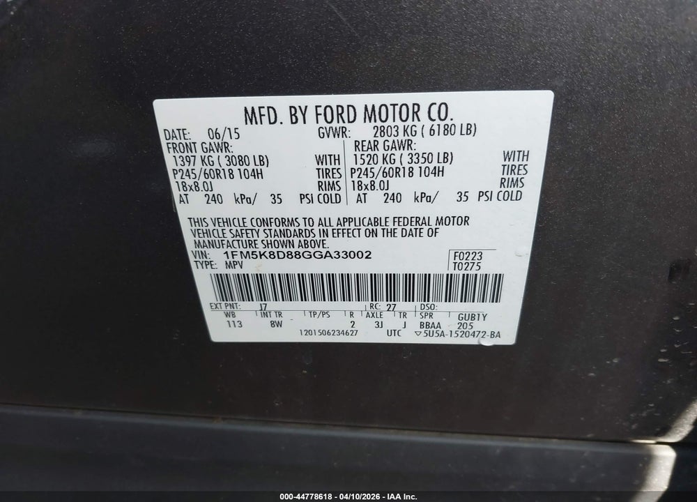2016 FORD EXPLORER XLT VIN: 1FM5K8D88GGA33002