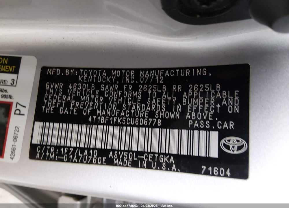 2012 TOYOTA CAMRY XLE VIN: 4T1BF1FK5CU606778