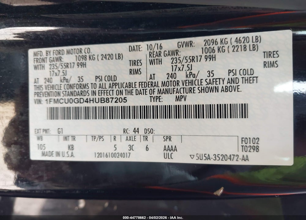 2017 FORD ESCAPE SE VIN: 1FMCU0GD4HUB87205