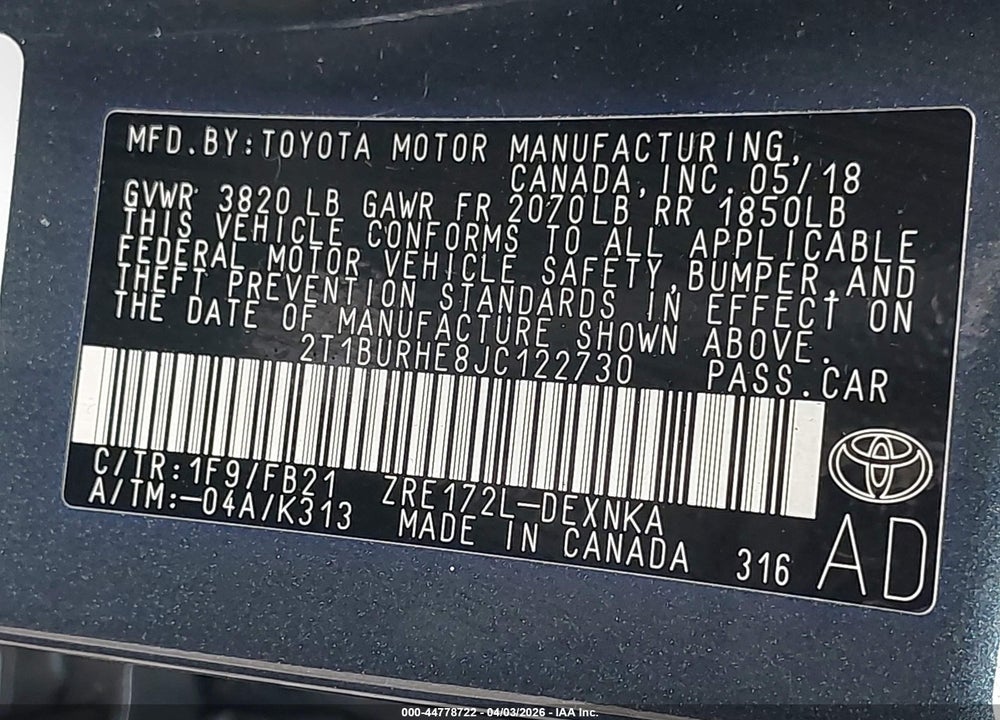 2018 TOYOTA COROLLA LE VIN: 2T1BURHE8JC122730