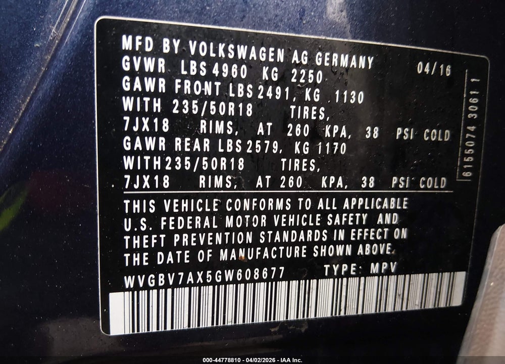 2016 VOLKSWAGEN TIGUAN SE VIN: WVGBV7AX5GW608677