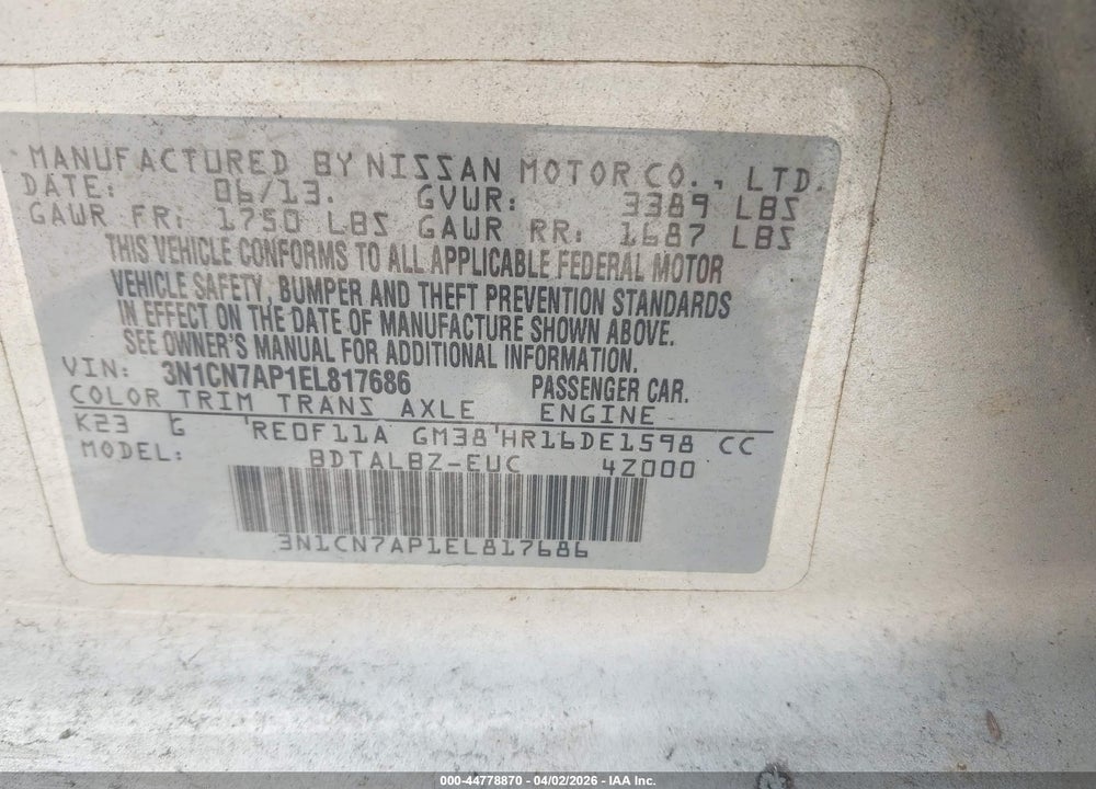 2014 NISSAN VERSA 1.6 SV VIN: 3N1CN7AP1EL817686