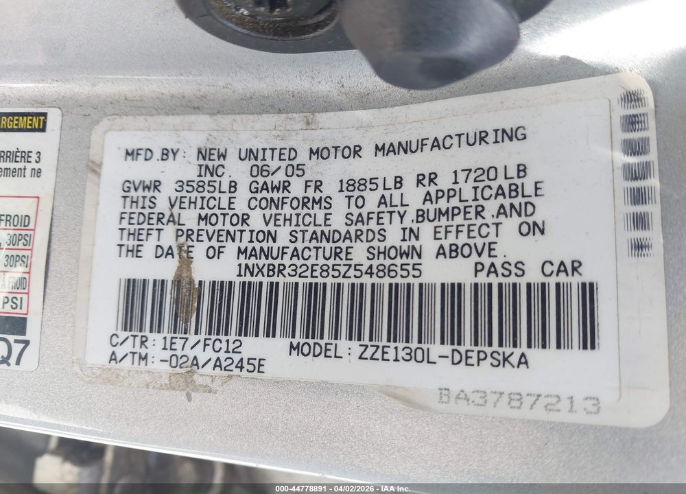 2005 TOYOTA COROLLA S VIN: 1NXBR32E85Z548655