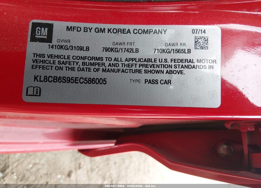 2014 CHEVROLET SPARK LS AUTO VIN: KL8CB6S95EC586005