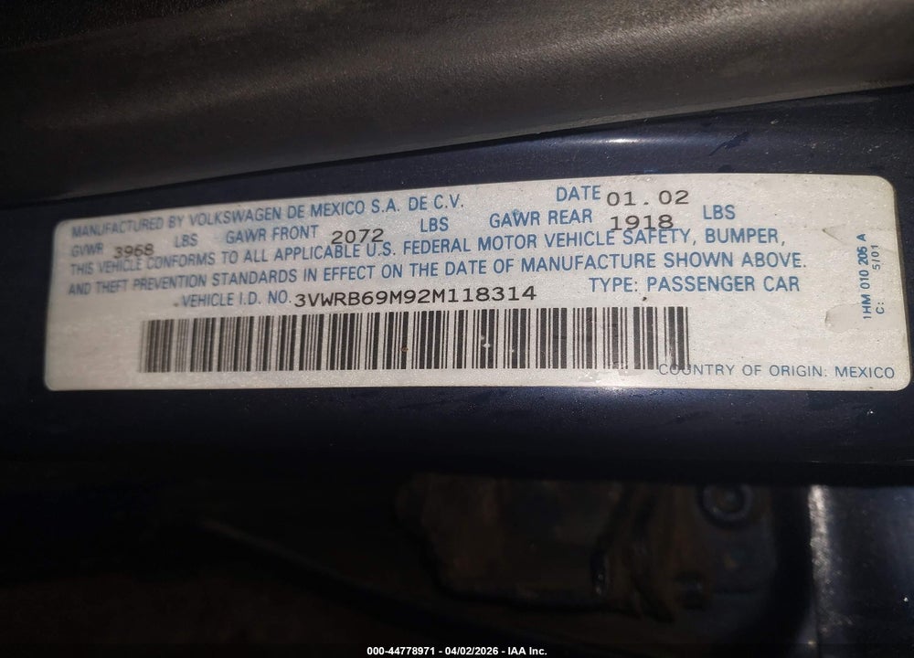 2002 VOLKSWAGEN JETTA GL VIN: 3VWRB69M92M118314
