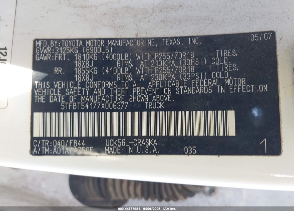 2007 TOYOTA TUNDRA SR5 4.7L V8 VIN: 5TFBT54177X006377