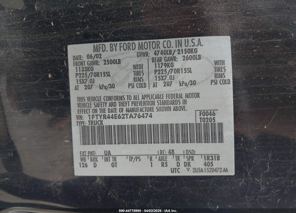 2002 FORD RANGER XLT VIN: 1FTYR44E62TA76474