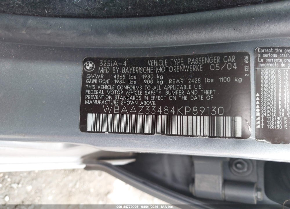 2004 BMW 325I VIN: WBAAZ33484KP89130