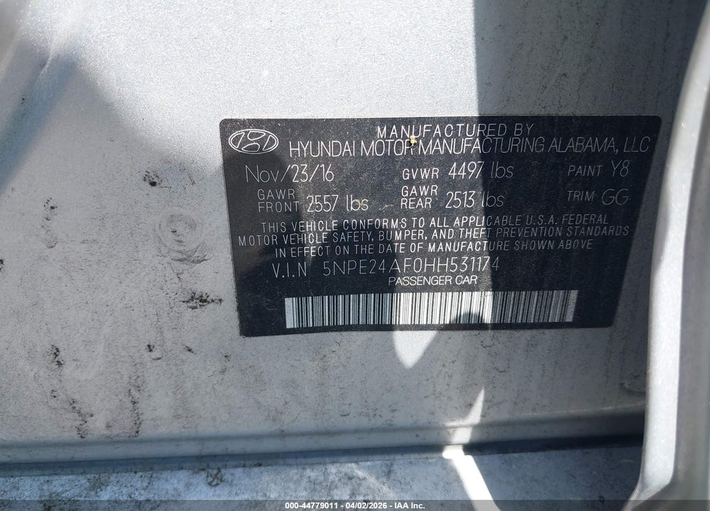 2017 HYUNDAI SONATA VIN: 5NPE24AF0HH531174