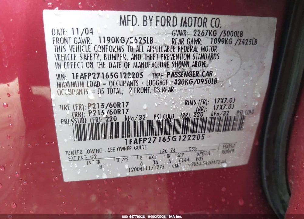 2005 FORD FIVE HUNDRED SEL VIN: 1FAFP27165G122205