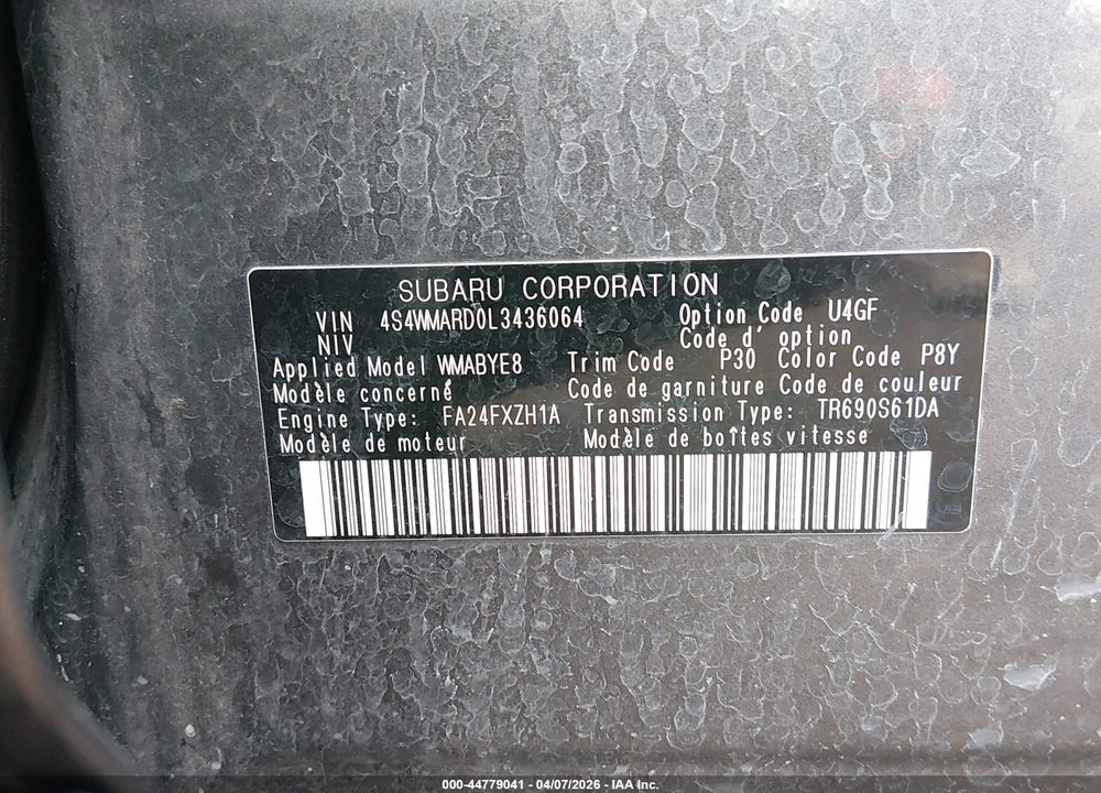2020 SUBARU ASCENT TOURING VIN: 4S4WMARD0L3436064
