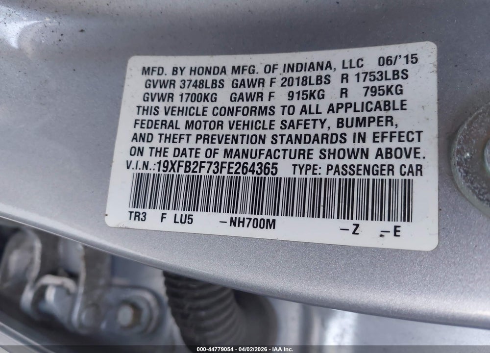 2015 HONDA CIVIC SE VIN: 19XFB2F73FE264365