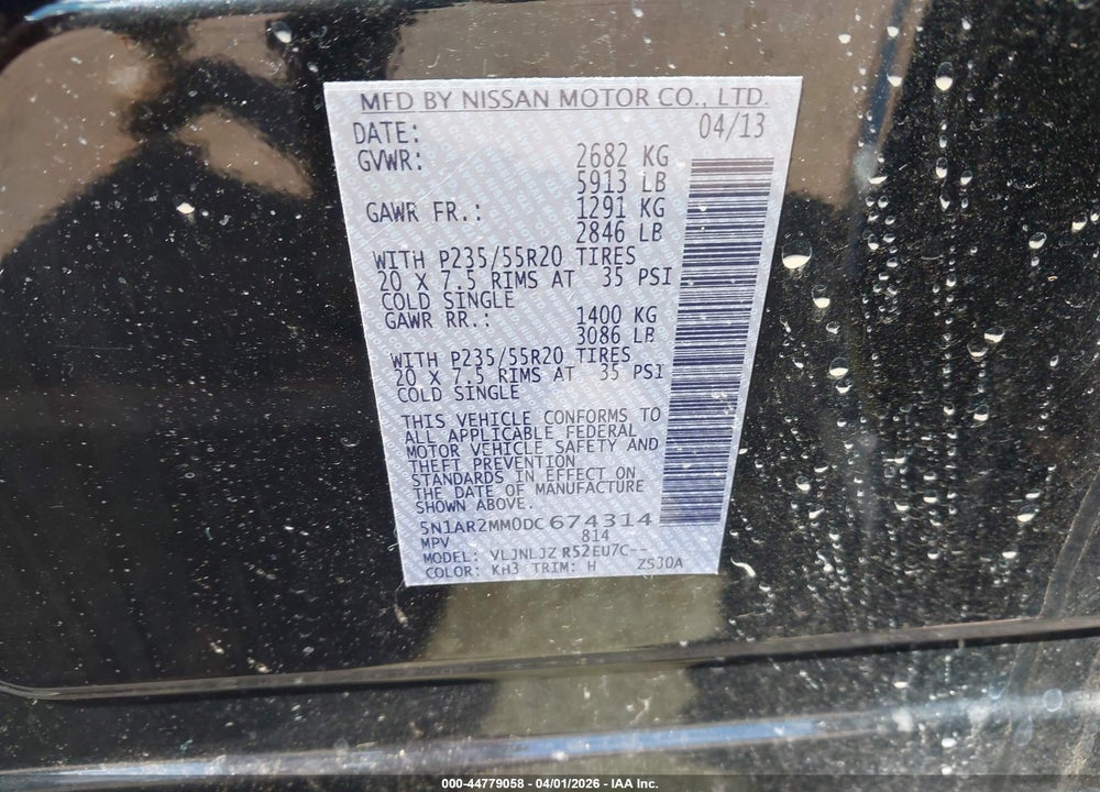 2013 NISSAN PATHFINDER PLATINUM VIN: 5N1AR2MM0DC674314