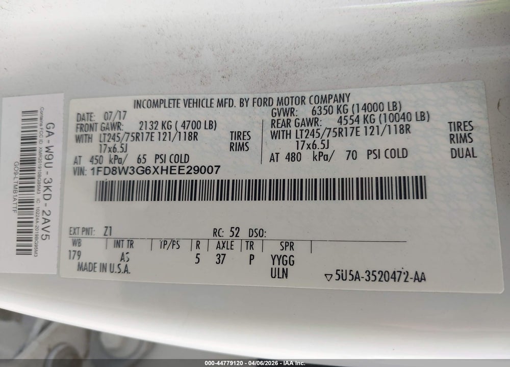 2017 FORD F-350 CHASSIS XL VIN: 1FD8W3G6XHEE29007