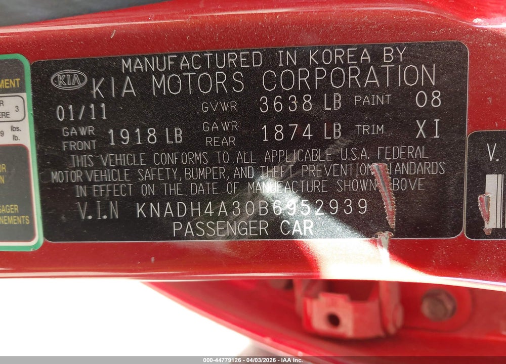 2011 KIA RIO LX VIN: KNADH4A30B6952939
