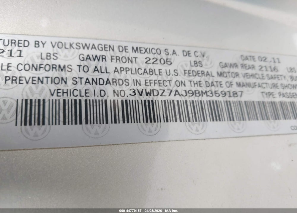 2011 VOLKSWAGEN JETTA 2.5L SE VIN: 3VWDZ7AJ9BM359187