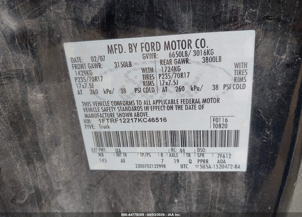 2007 FORD F-150 STX/XL/XLT VIN: 1FTRF12217KC46516