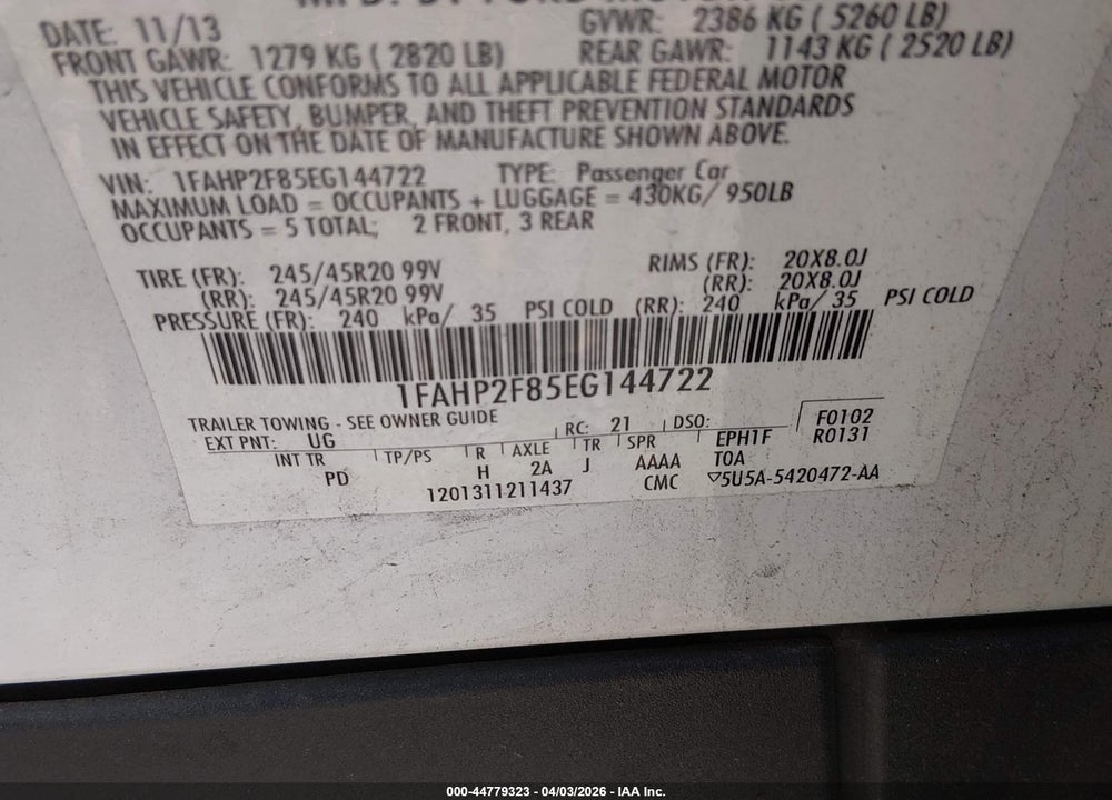 2014 FORD TAURUS LIMITED VIN: 1FAHP2F85EG144722