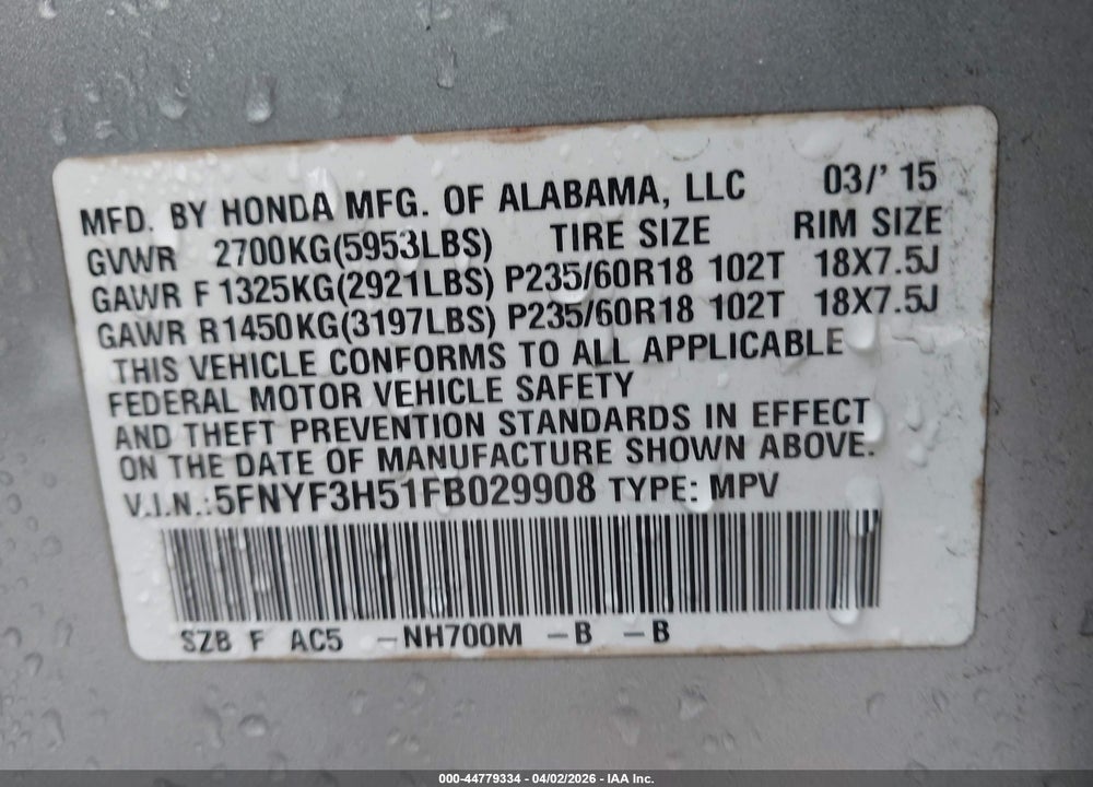 2015 HONDA PILOT EX-L VIN: 5FNYF3H51FB029908