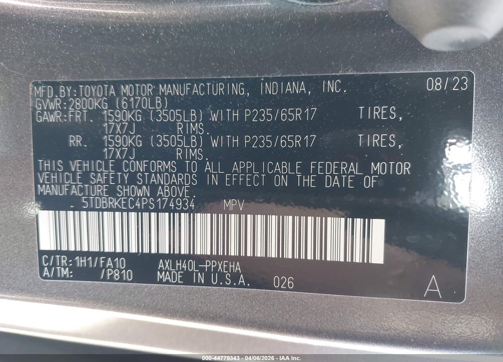 2023 TOYOTA SIENNA LE VIN: 5TDBRKEC4PS174934