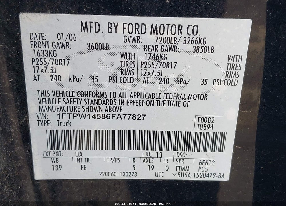 2006 FORD F-150 FX4/LARIAT/XLT VIN: 1FTPW14586FA77827