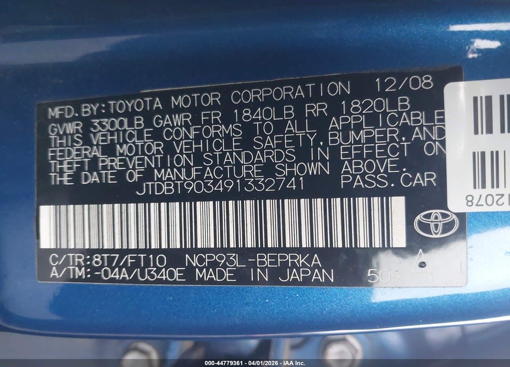 2009 TOYOTA YARIS S VIN: JTDBT903491332741